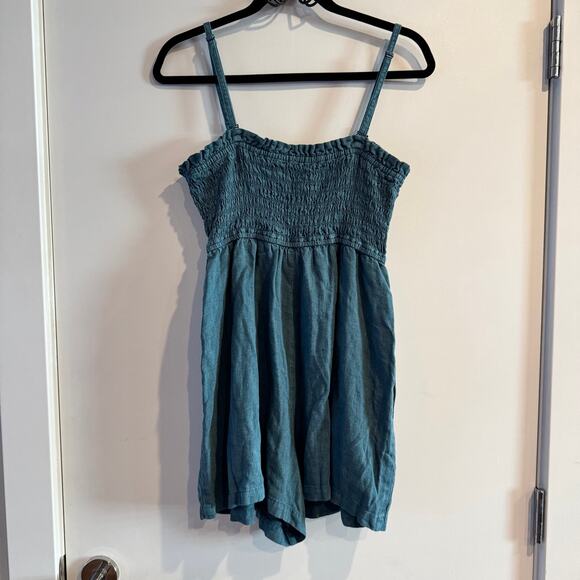 Pilcro Linen Romper Teal Blue Smocked Pullover Pocket Spaghetti Sleeveless Sz S - Picture 5 of 7